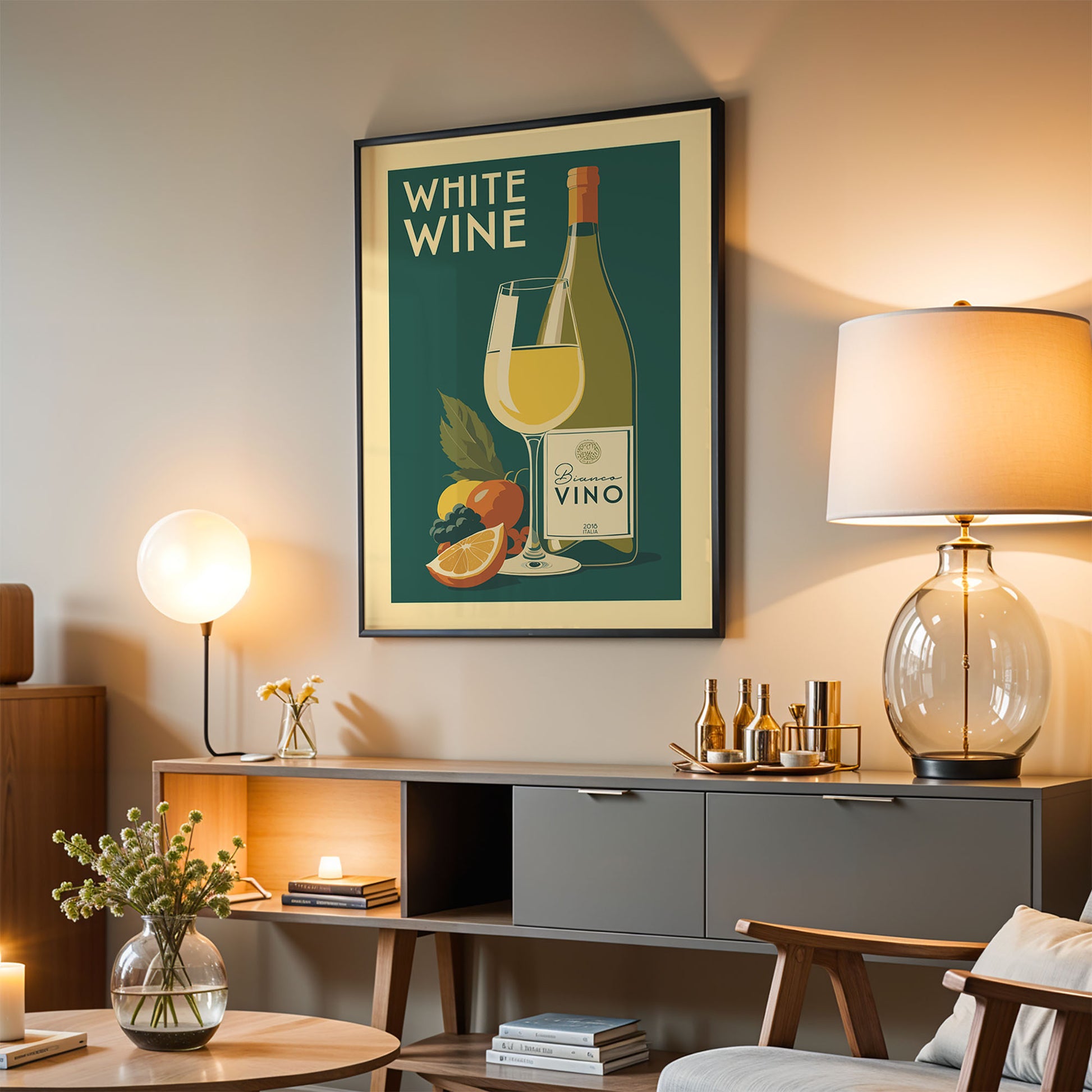 a living room with a framed poster of a wine bottle and glass on the wall, a lamp, a coffee table, and a bookshelf.