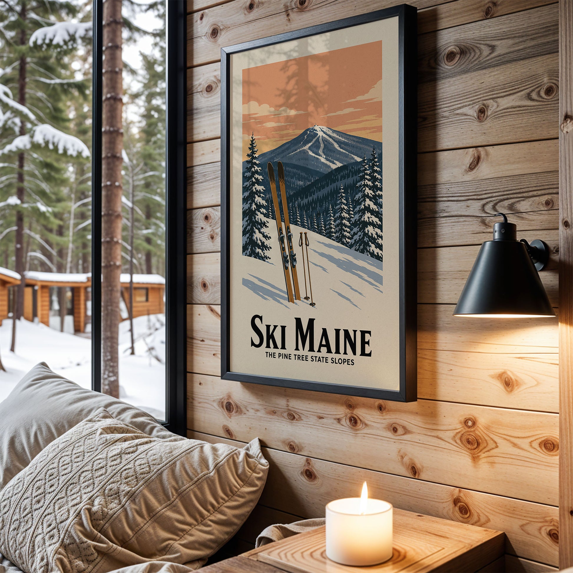 A framed poster of a snowy mountain landscape with skis hanging on a wooden wall, next to a lamp and a pillow.