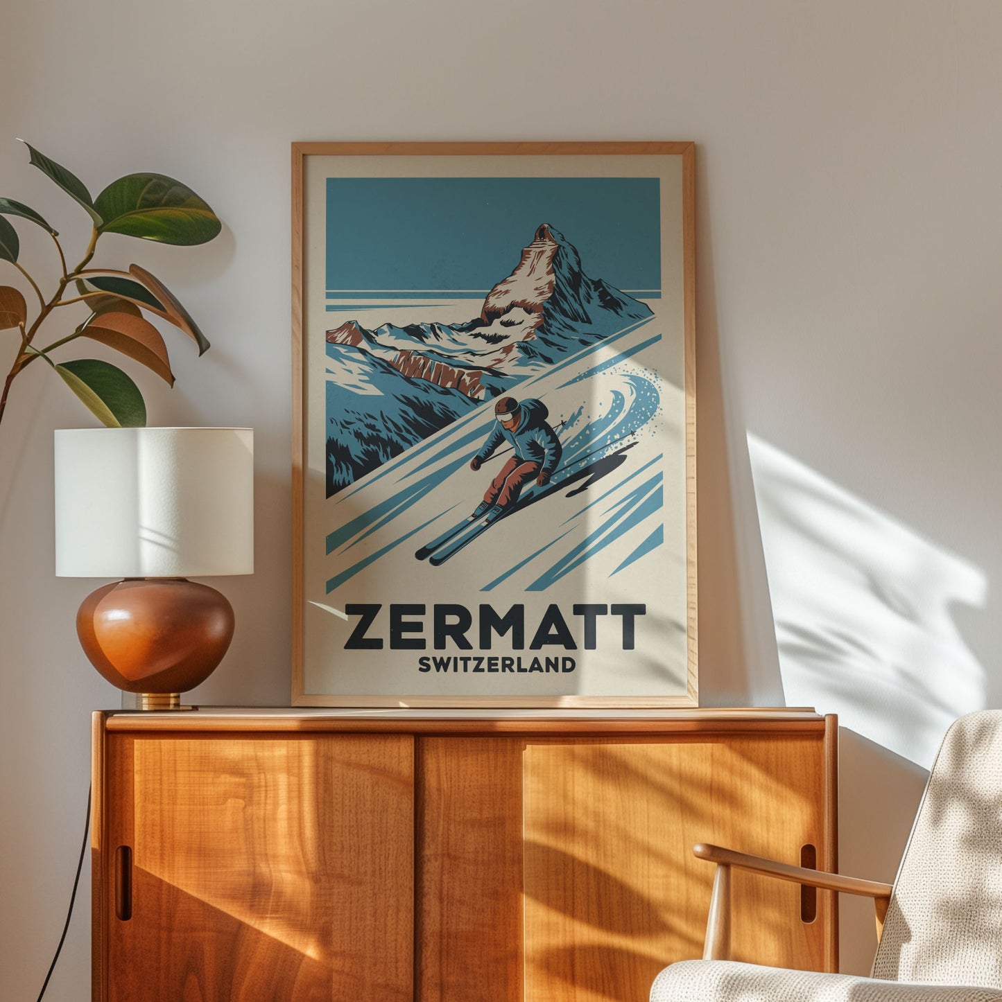 a framed poster of a skier on a mountain, with the word "ZERMATT" written below the skier. The poster is displayed on a wooden cabinet, and there is a lamp and a plant in the background.