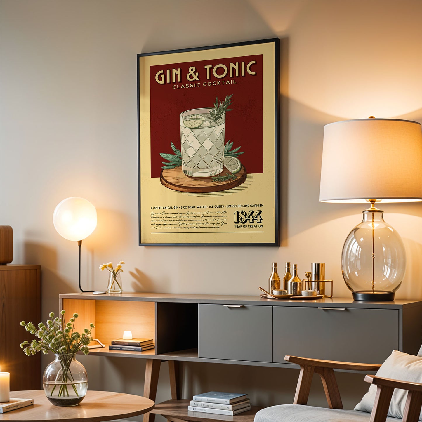 a poster of a gin and tonic cocktail hanging on a wall in a living room setting.