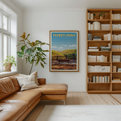 a cozy living room with a brown leather sofa, a large window with a plant, a bookshelf filled with books, and a framed poster of Pennsylvania on the wall.