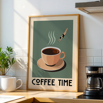 a framed poster with a coffee cup and a person swimming in the background, along with the text "COFFEE TIME".