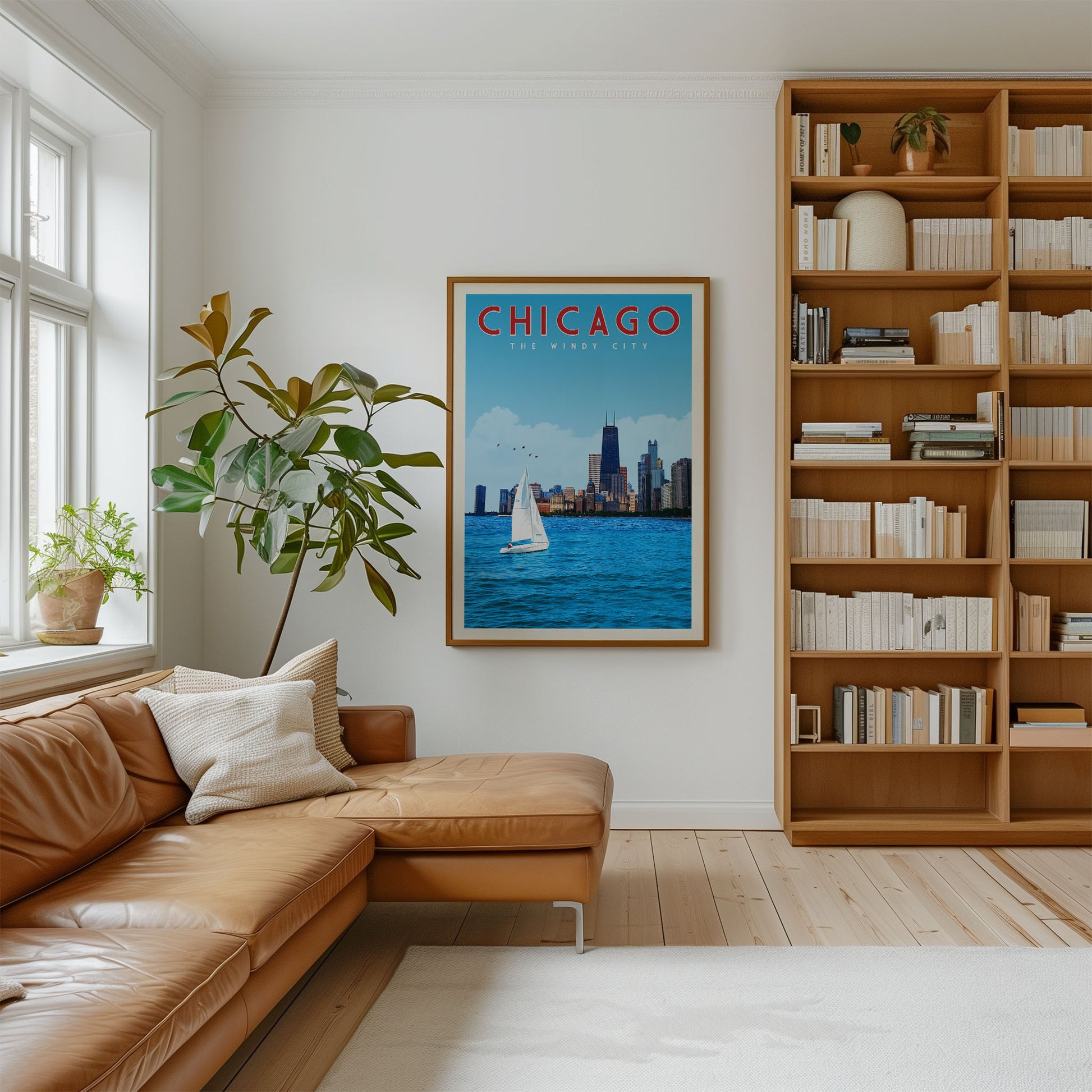 a cozy living room with a large window, a comfortable leather couch, a bookshelf filled with books, and a framed poster of Chicago on the wall.