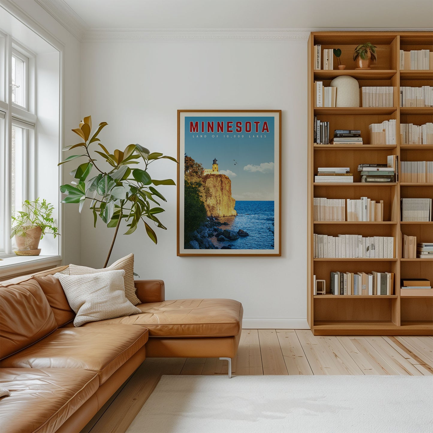 a cozy living room with a large bookshelf filled with books, a comfortable leather couch, and a framed poster of a scenic view of a cliff overlooking the ocean.
