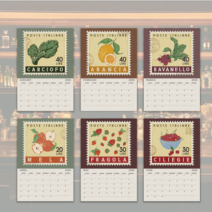 six calendar pages, each featuring a different illustration of a fruit and vegetable, along with text indicating the type of fruit or vegetable and the price in Italian lire.