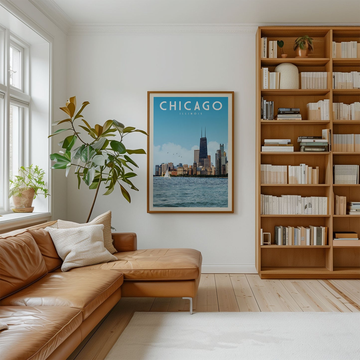 a cozy living room with a large window, a comfortable leather couch, a bookshelf filled with books, and a framed poster of Chicago's skyline hanging on the wall.