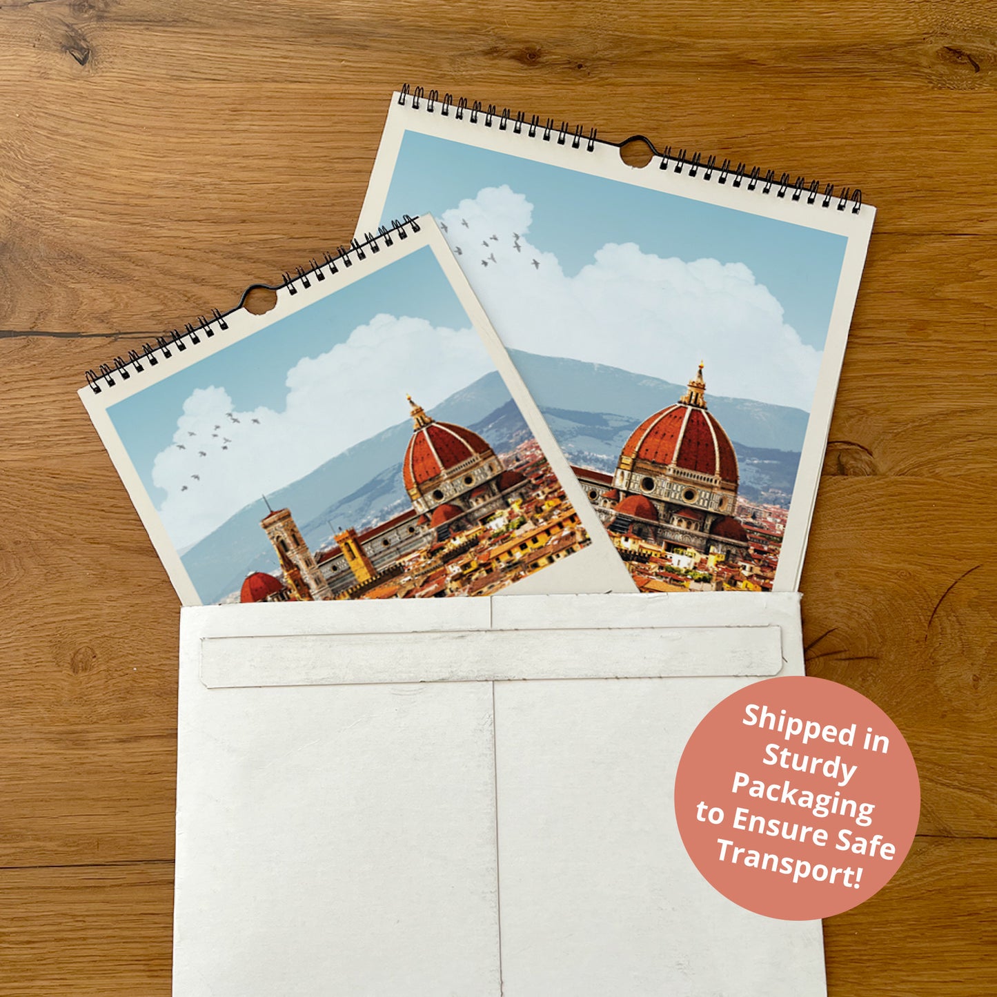 two pictures of buildings are in an envelope