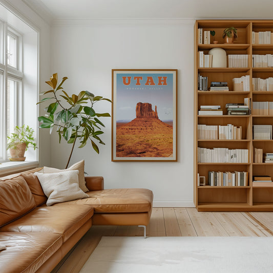 a living room with a large bookshelf filled with books, a comfortable leather couch, and a framed poster of a desert landscape hanging on the wall.