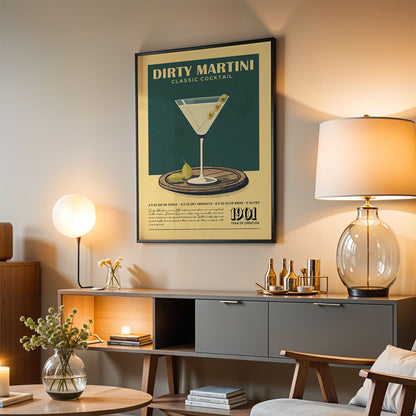 a living room with a framed poster of a Dirty Martini cocktail hanging on the wall. The poster includes an illustration of the cocktail and text describing the drink. The room has a wooden cabinet, a lamp, and a vase with flowers, creating a cozy and stylish atmosphere.