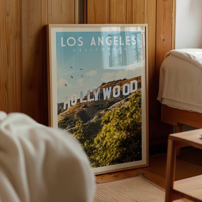 A framed poster of Hollywood Hills, California, with the text "LOS ANGELES CALIFORNIA" and "HOLLYWOOD" prominently displayed.