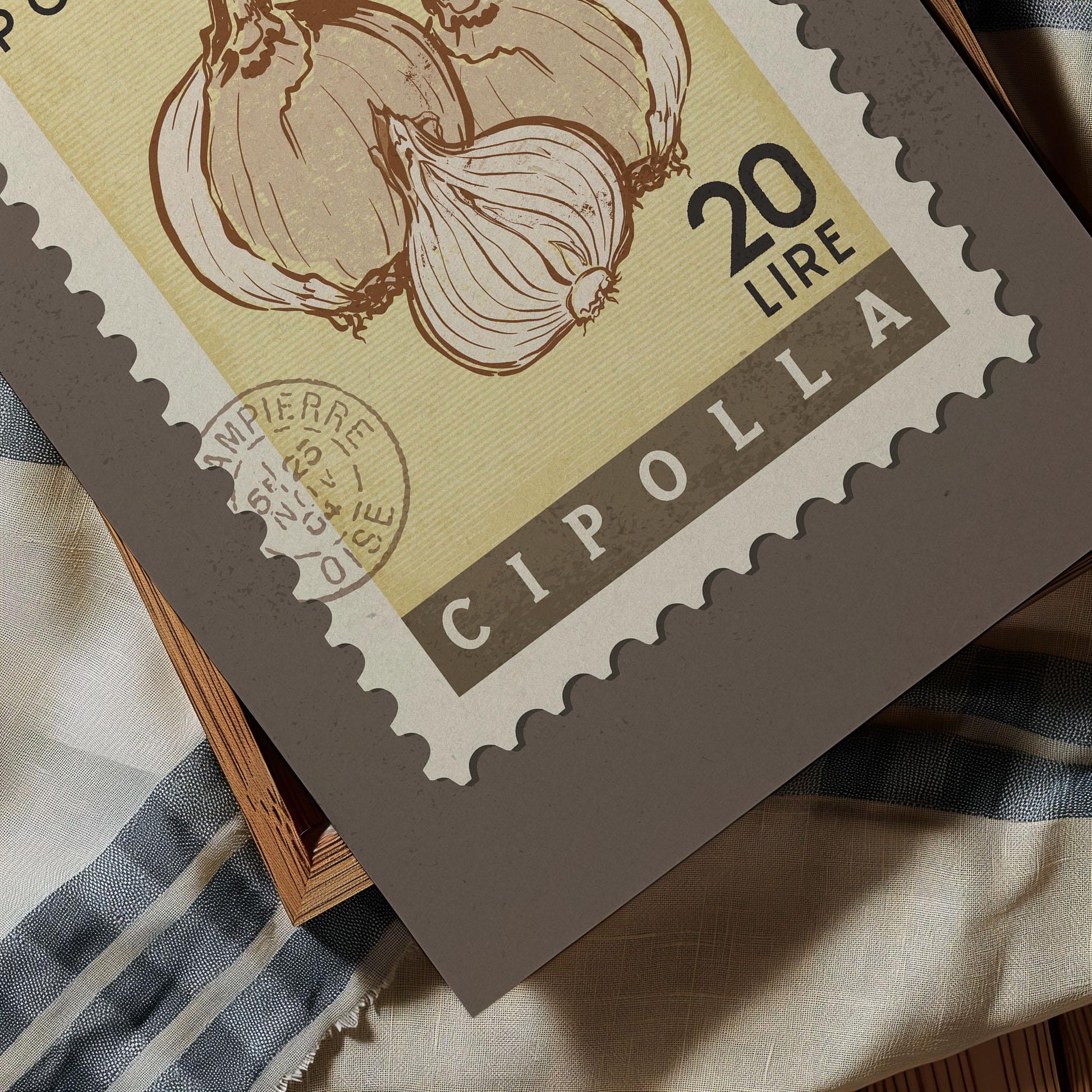 a close up of a stamp on a table cloth