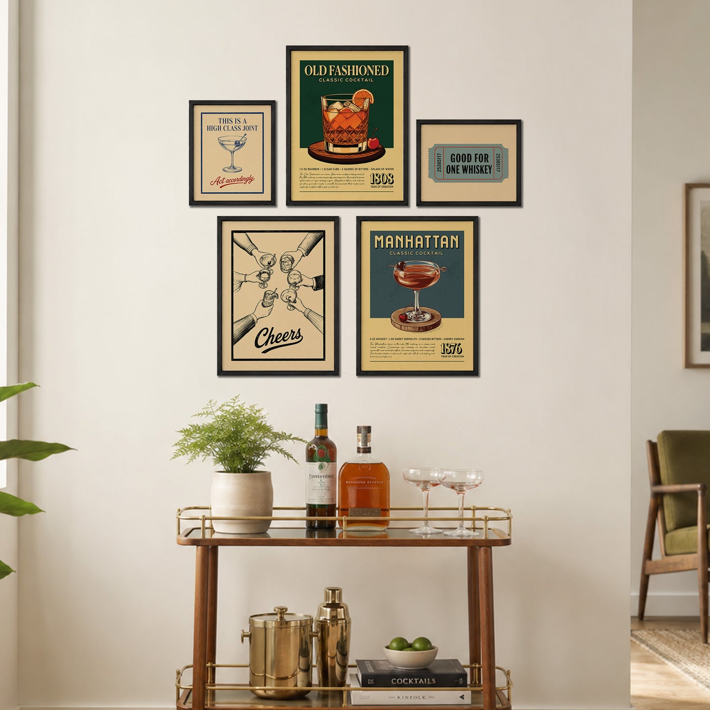 a wall display with framed vintage advertisements and a bar cart with various drinks and accessories.