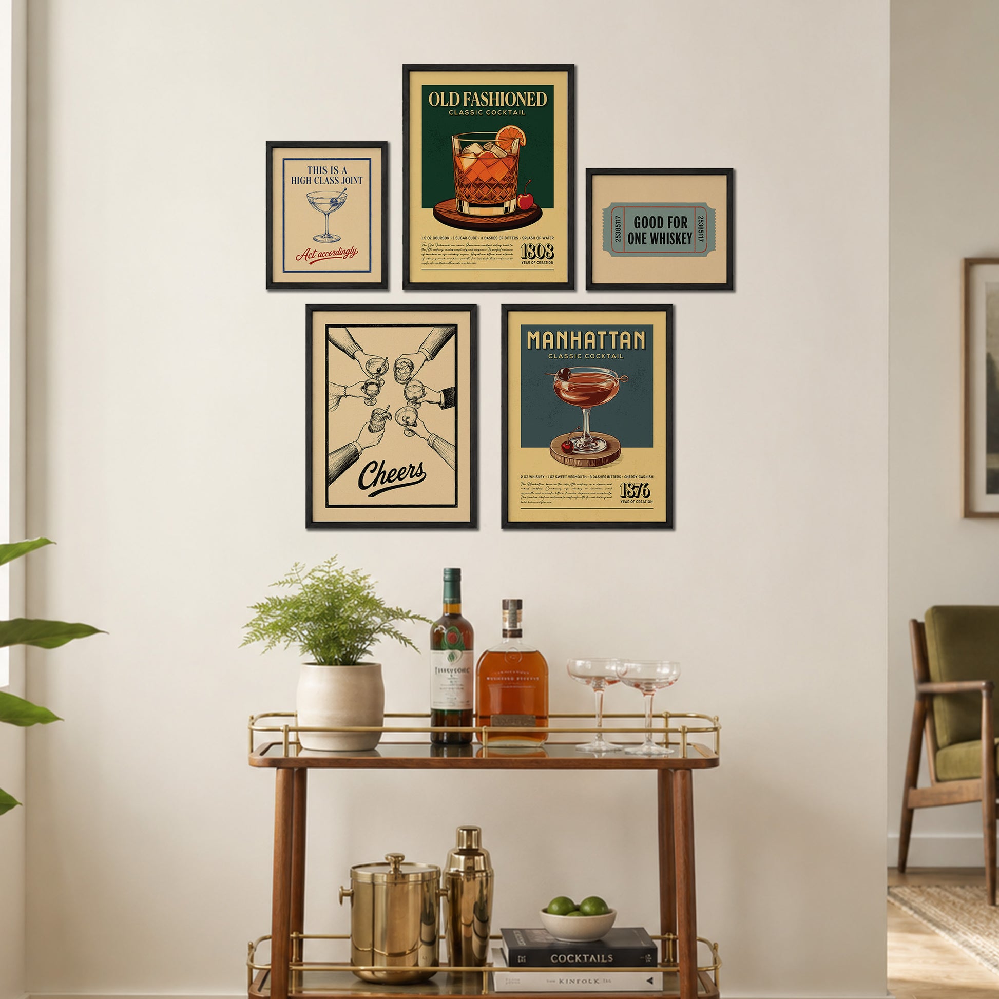 a wall display with framed vintage advertisements and a bar cart with various drinks and accessories.