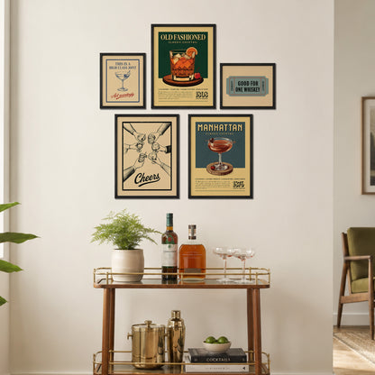 a wall display with framed vintage advertisements and a bar cart with various drinks and accessories.