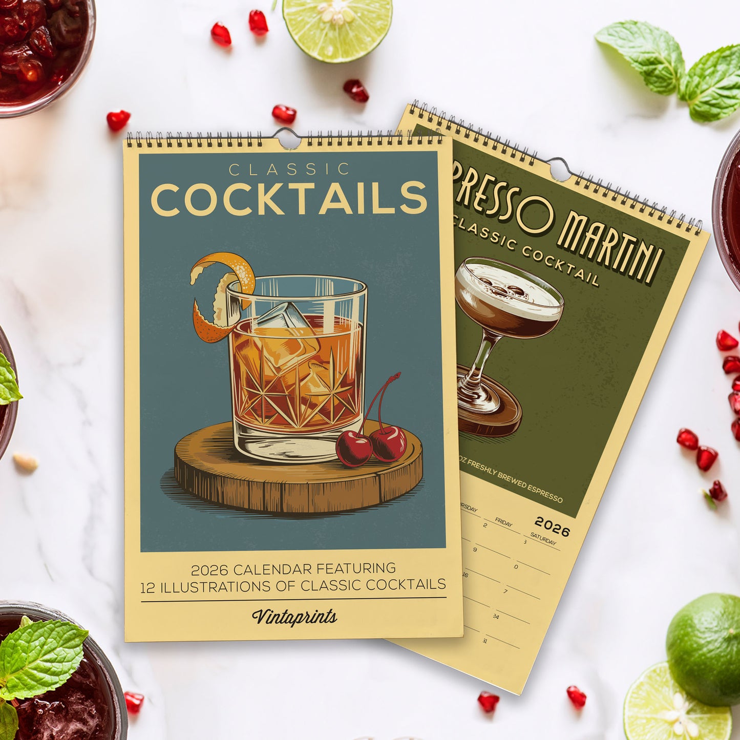 a calendar with illustrations of classic cocktails, surrounded by various fruits and garnishes.