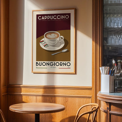 a framed poster of a cup of cappuccino on a table, with the text "BUONGIORNO" and "Cappuccino" visible.