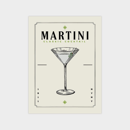 The image is a poster for a martini cocktail, featuring a detailed illustration of a martini glass with a lime wedge.
