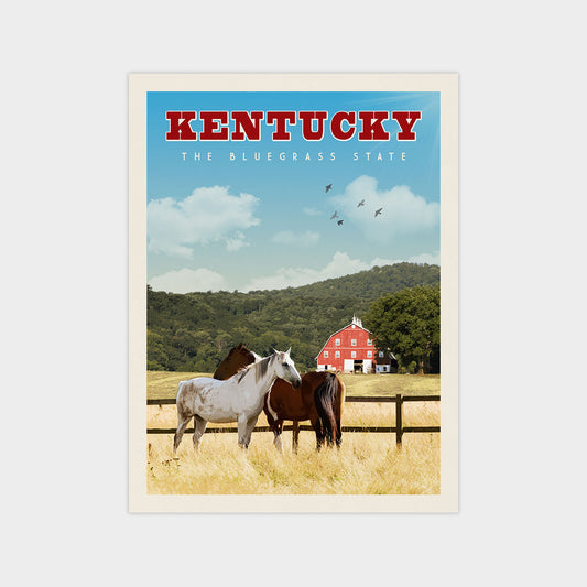The image is a poster for Kentucky featuring a horse and a barn in a rural setting with a blue sky and clouds in the background.