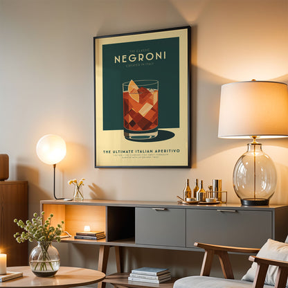 a poster of a Negroni cocktail hanging on a wall in a living room setting.