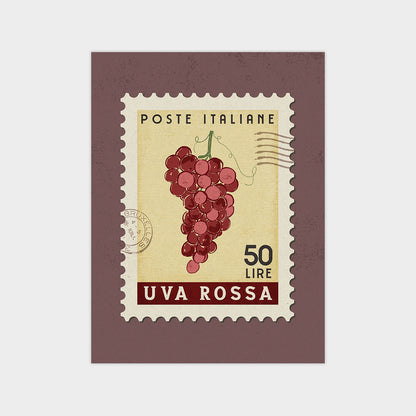 The image is a postage stamp from Italy, featuring a bunch of red grapes.