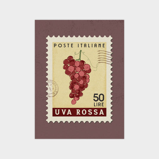 The image is a postage stamp from Italy, featuring a bunch of red grapes.
