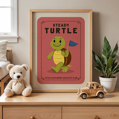 a framed poster of a cartoon turtle, a stuffed teddy bear, and a toy truck on a wooden dresser.