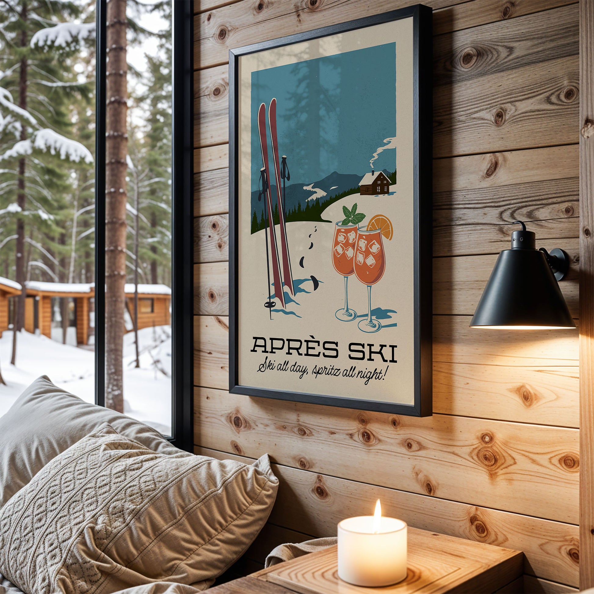 a cozy cabin interior with a framed poster of a ski resort on the wall, depicting a snowy mountain landscape with two people enjoying drinks and a warm fire.