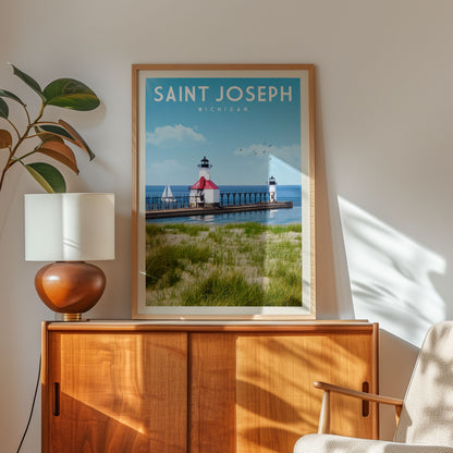 a framed poster of Saint Joseph Lighthouse in Michigan, with a serene coastal scene and a lighthouse in the background.