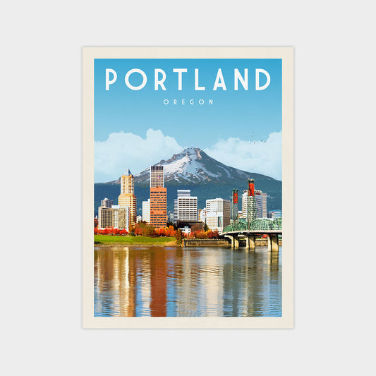 A poster depicting the cityscape of Portland, Oregon, with the city's skyline, a bridge, and a mountain in the background.