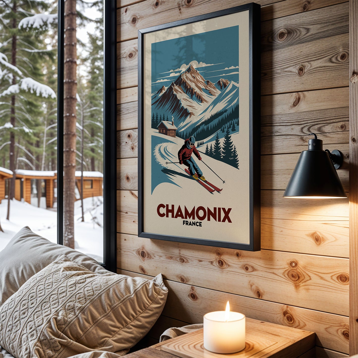 a framed poster of a skier on a mountain, hanging on a wooden wall in a cozy cabin setting.