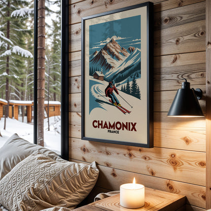 a framed poster of a skier on a mountain, hanging on a wooden wall in a cozy cabin setting.