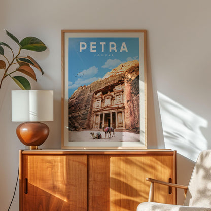 a framed poster of Petra, a famous ancient city in Jordan, with a camel and a person visible in the image.