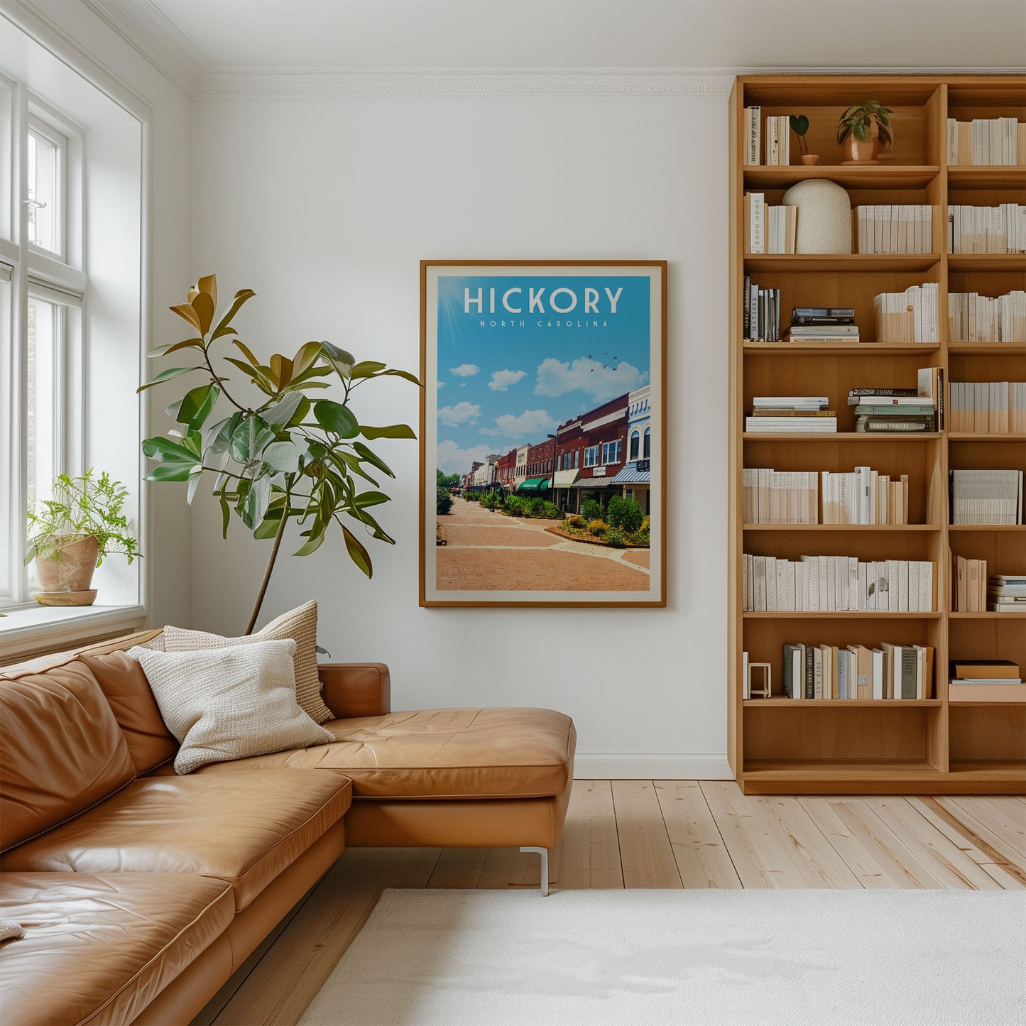 a cozy living room with a large bookshelf filled with books, a comfortable leather couch, and a framed poster of a street scene hanging on the wall.