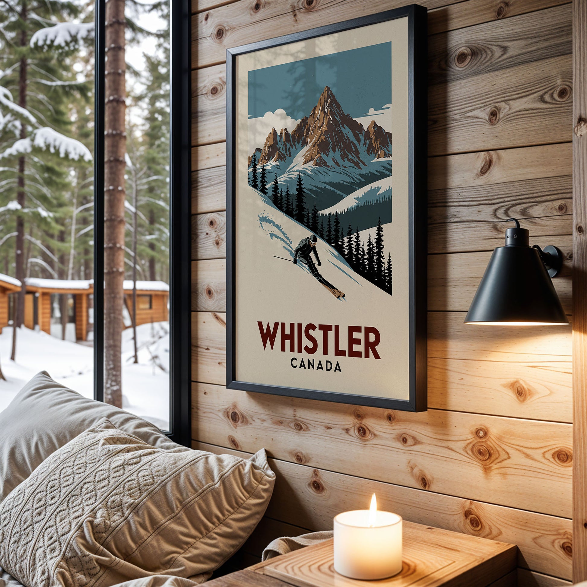 a cozy cabin interior with a framed poster of Whistler, Canada, hanging on the wall. The poster depicts a skier in action, surrounded by snow-covered mountains and pine trees. The cabin has a warm, rustic ambiance, with a lit candle on a wooden nightstand and a comfortable bed nearby.