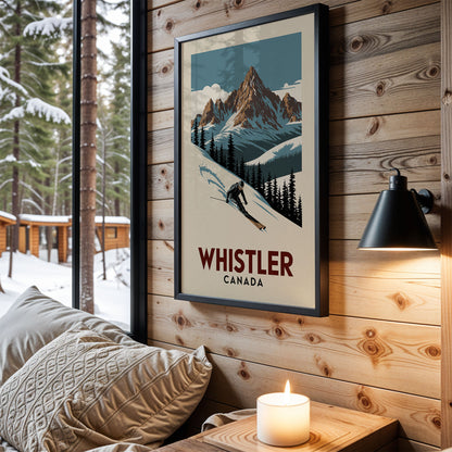 a cozy cabin interior with a framed poster of Whistler, Canada, hanging on the wall. The poster depicts a skier in action, surrounded by snow-covered mountains and pine trees. The cabin has a warm, rustic ambiance, with a lit candle on a wooden nightstand and a comfortable bed nearby.