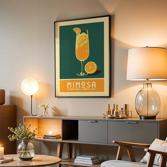 a living room with a framed poster of a mimosa on the wall, a lamp, a coffee table, and a bookshelf.