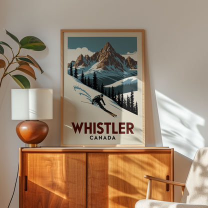 a framed poster of a mountain landscape with a skier, hanging on a wall above a wooden cabinet.