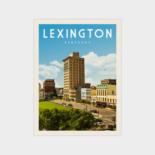 A poster of Lexington, Kentucky, featuring a tall building, a street scene, and a clear blue sky with some clouds.