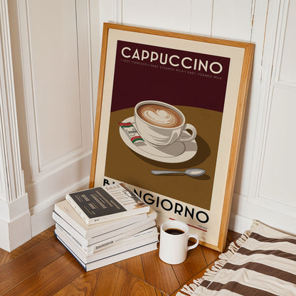 A framed poster of a cup of cappuccino is leaning against a white wall, with a stack of books and a mug of coffee placed next to it on a wooden floor.