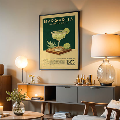 a framed poster of a margarita cocktail hanging on a wall in a living room.