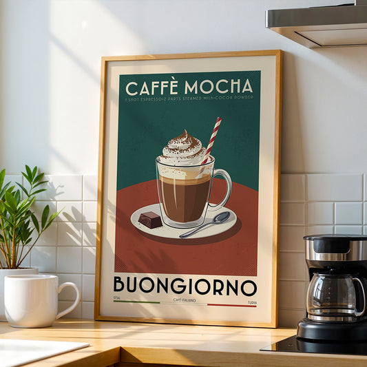 a framed poster of a coffee mug with a frothy beverage, accompanied by the text "Caffè Mocha" and "Buongiorno" (Good Morning).