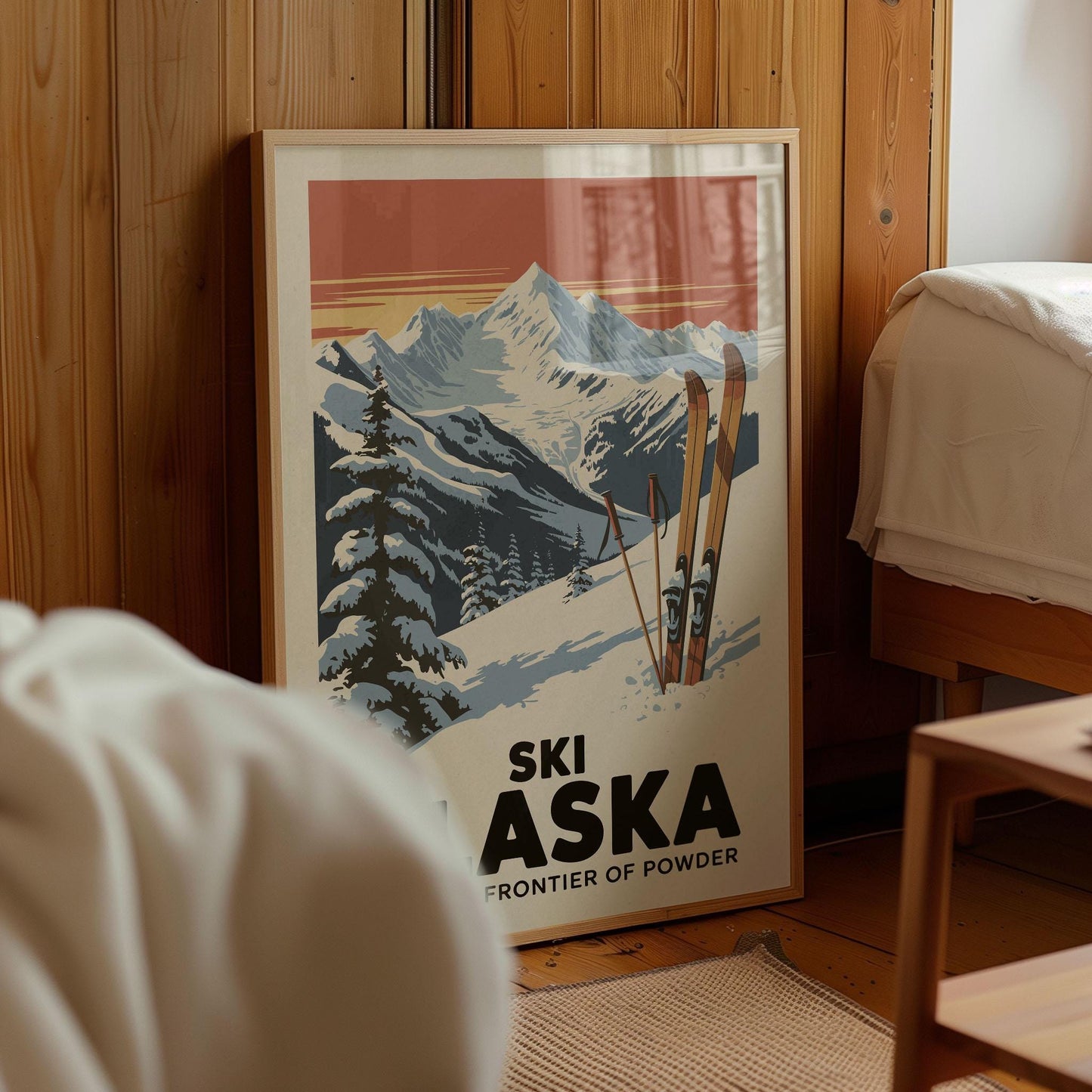 A framed poster of a snowy mountain landscape with skis, featuring the text "SKI ASKA" and "Frontier of Powder".