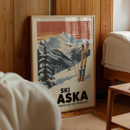A framed poster of a snowy mountain landscape with skis, featuring the text "SKI ASKA" and "Frontier of Powder".