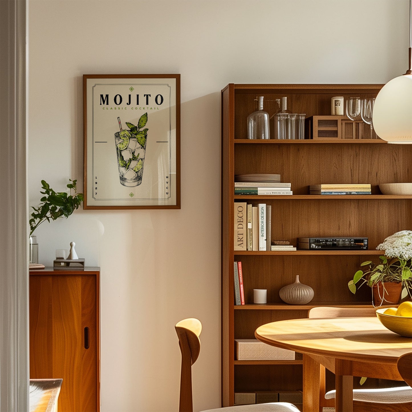 a cozy and well-organized living space with a wooden bookshelf, a framed poster of a mojito, and a wooden cabinet. The room has a warm and inviting atmosphere, with a dining table and chairs in the foreground.