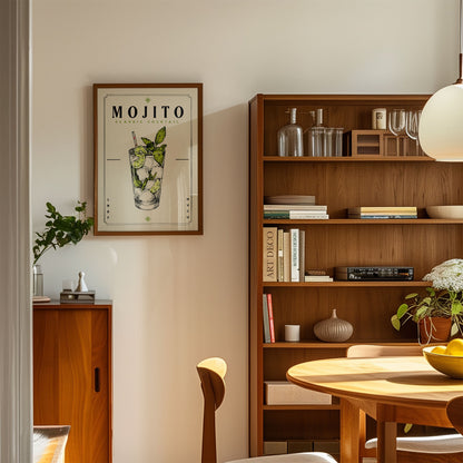 a cozy and well-organized living space with a wooden bookshelf, a framed poster of a mojito, and a wooden cabinet. The room has a warm and inviting atmosphere, with a dining table and chairs in the foreground.