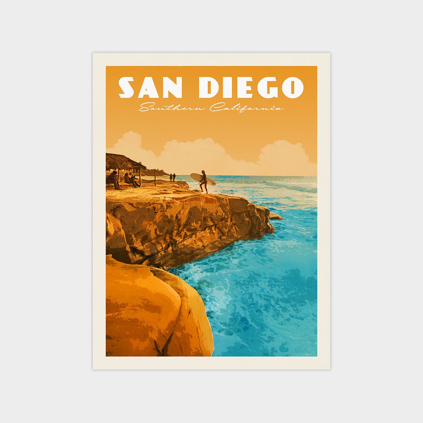 A vintage-style poster depicting a scenic view of San Diego, California, with a person standing on a cliff overlooking the ocean.