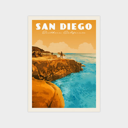 A vintage-style poster depicting a scenic view of San Diego, California, with a person standing on a cliff overlooking the ocean.