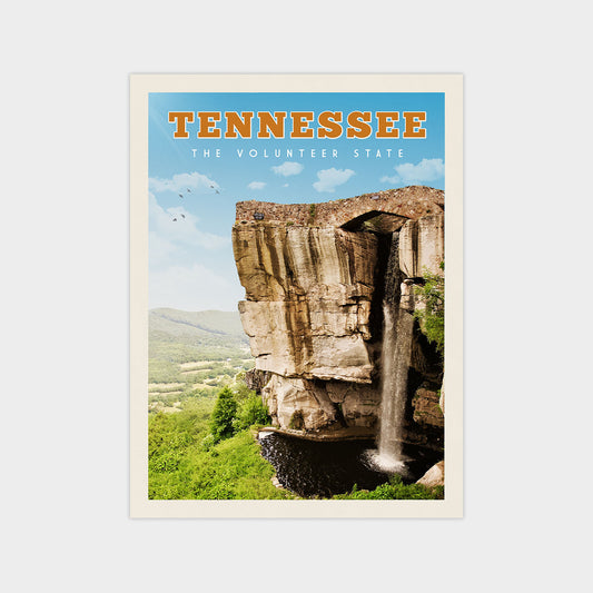 A poster of Tennessee featuring a waterfall cascading down a rocky cliff, with a blue sky and green landscape in the background.