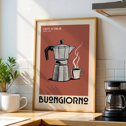 a framed poster of a coffee maker with a cup of coffee, accompanied by the text "Buongiorno" in a bold, black font.