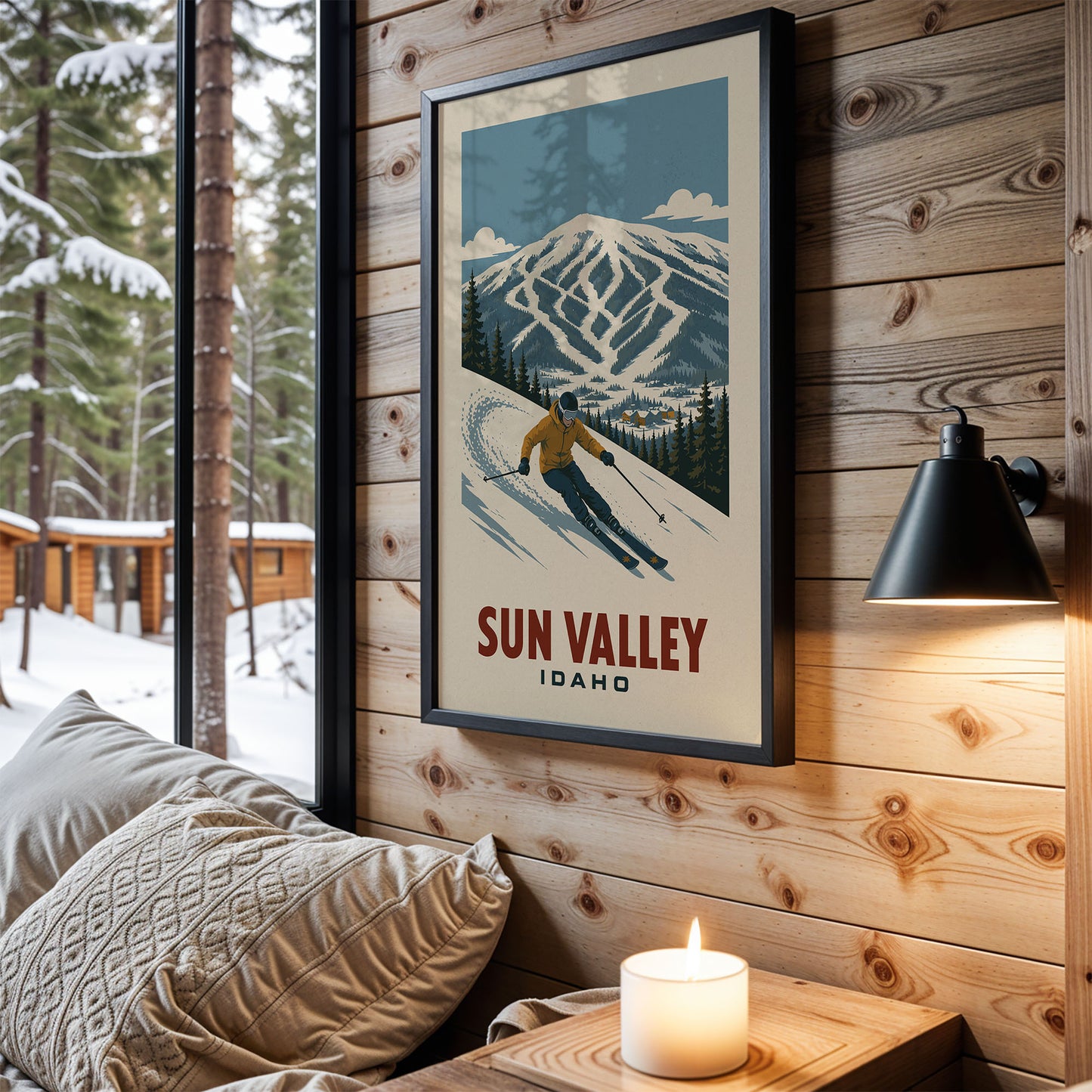 a framed poster of a skier in the Sun Valley, Idaho, with a snowy mountain landscape in the background. The poster is hanging on a wooden wall, and there is a lit candle on a wooden nightstand next to it.
